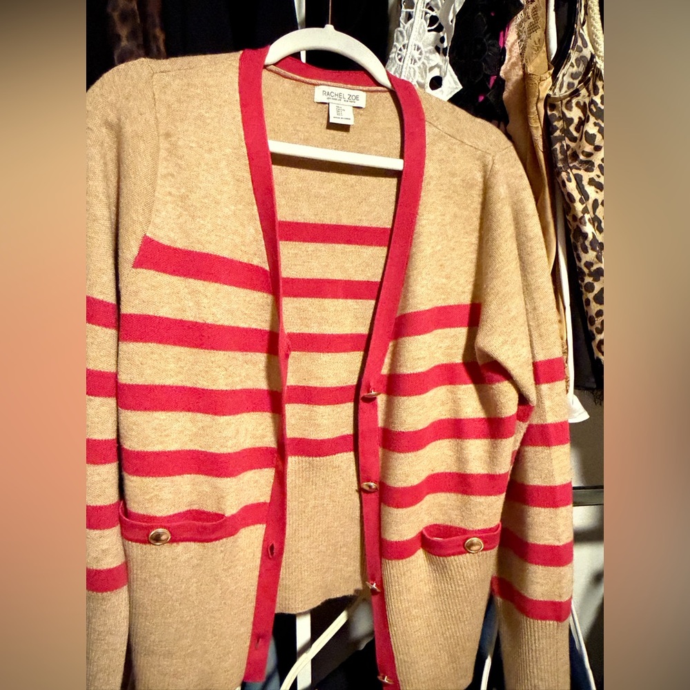 Rachel Zoe Tan and Red Striped Cardigan